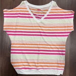 SO Womens Top, Open Shoulder Size XL. Pink and Orange Stripes